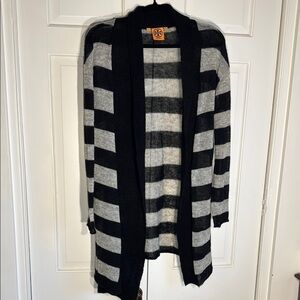 EUC Tory Burch Black and Gray Lightweight Open Front Cardigan Shawl Collar